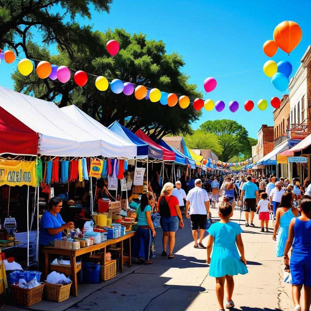 A lively street scene in Somerville, Texas during a festival, featuring colorful vendor stalls, families enjoying activities, and joyful children playing. The backdrop showcases Texas-style architecture under a bright blue sky with festive banners and balloons. Capture the essence of community and celebration with vibrant colors and an inviting atmosphere. super-realistic. vibrant colors. sunny day.