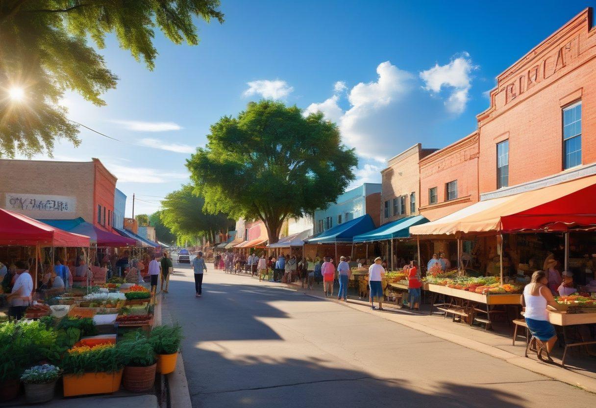 A vibrant street scene in Somerville, Texas showcasing local culture with colorful murals, people enjoying outdoor events, and lush greenery. Include iconic landmarks and joyful community interactions, such as a farmer's market or live music. The sky should be bright and inviting to evoke a sense of adventure and warmth. super-realistic. vibrant colors. 3D.