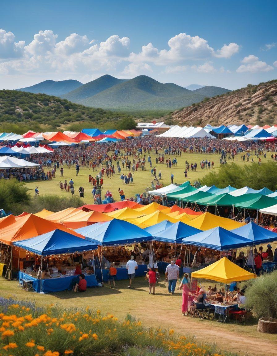 A scenic Texas landscape featuring a lively outdoor festival with colorful tents, music, and food stalls in the foreground. In the background, rolling hills and vibrant wildflowers with a clear blue sky. Show people enjoying various activities like hiking, fishing, and picnicking, embodying the spirit of adventure. Include iconic Texas symbols like longhorns and cacti. vibrant colors. super-realistic.